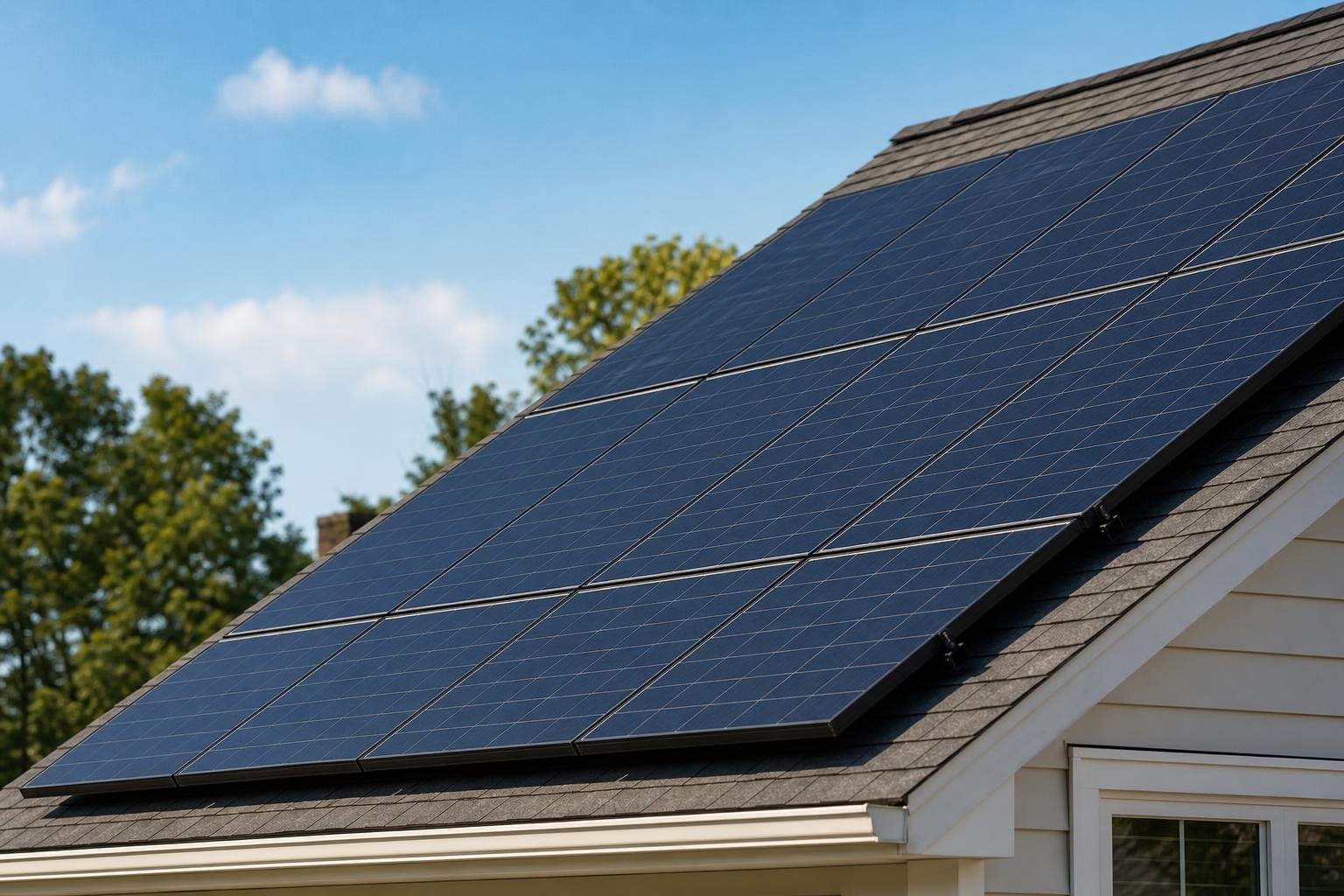 Close-up of rooftop solar panels on a suburban American home in warm daylight