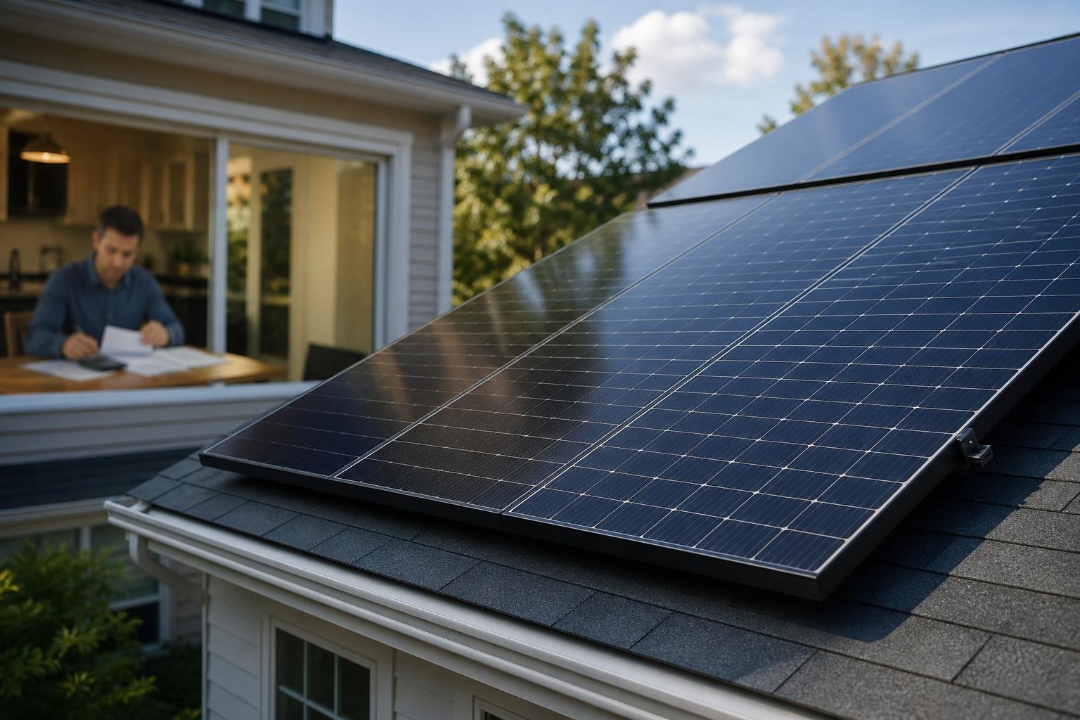 Residential solar panels in sharp focus with a homeowner reviewing paperwork softly blurred in the background